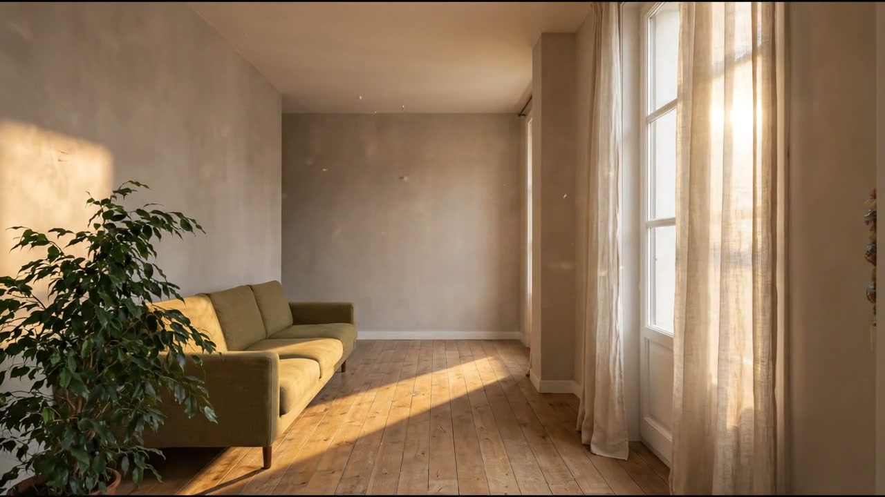 El salón entero encendido por la luz dorada de la tarde.