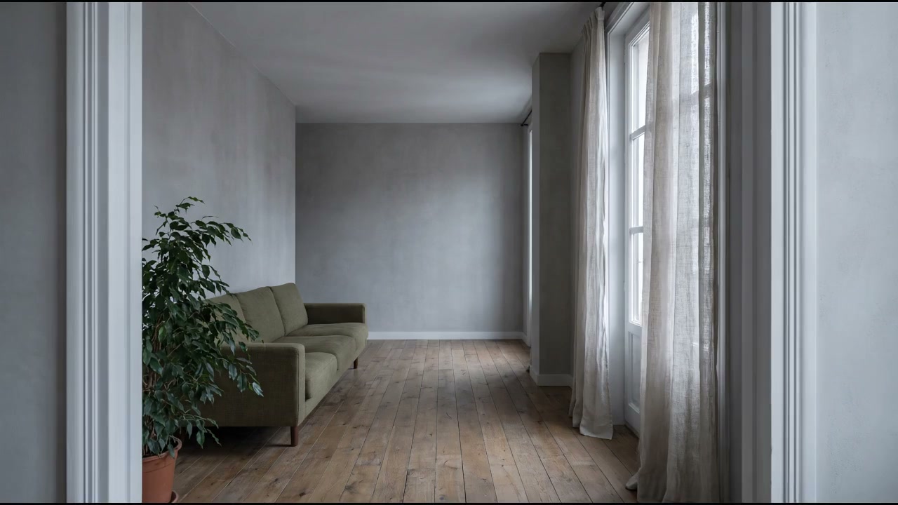Un salón con luz gris y plana, antes del tratamiento.